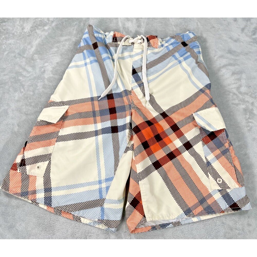 Airwalk Mens Medium Board Shorts Plaid Cargo Swim Trunks Orange Blue White Y2K